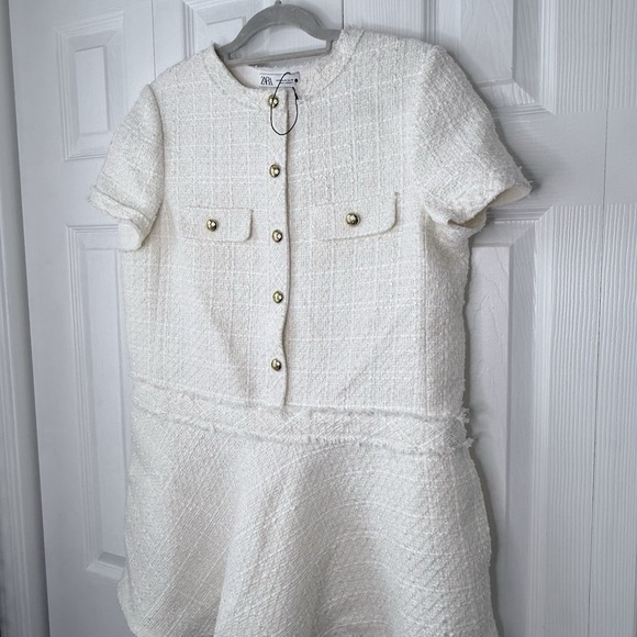 Zara SS24 ZW Collection Short Tweed Textured Structured Dress Ecru fringe  XL - Picture 2 of 9
